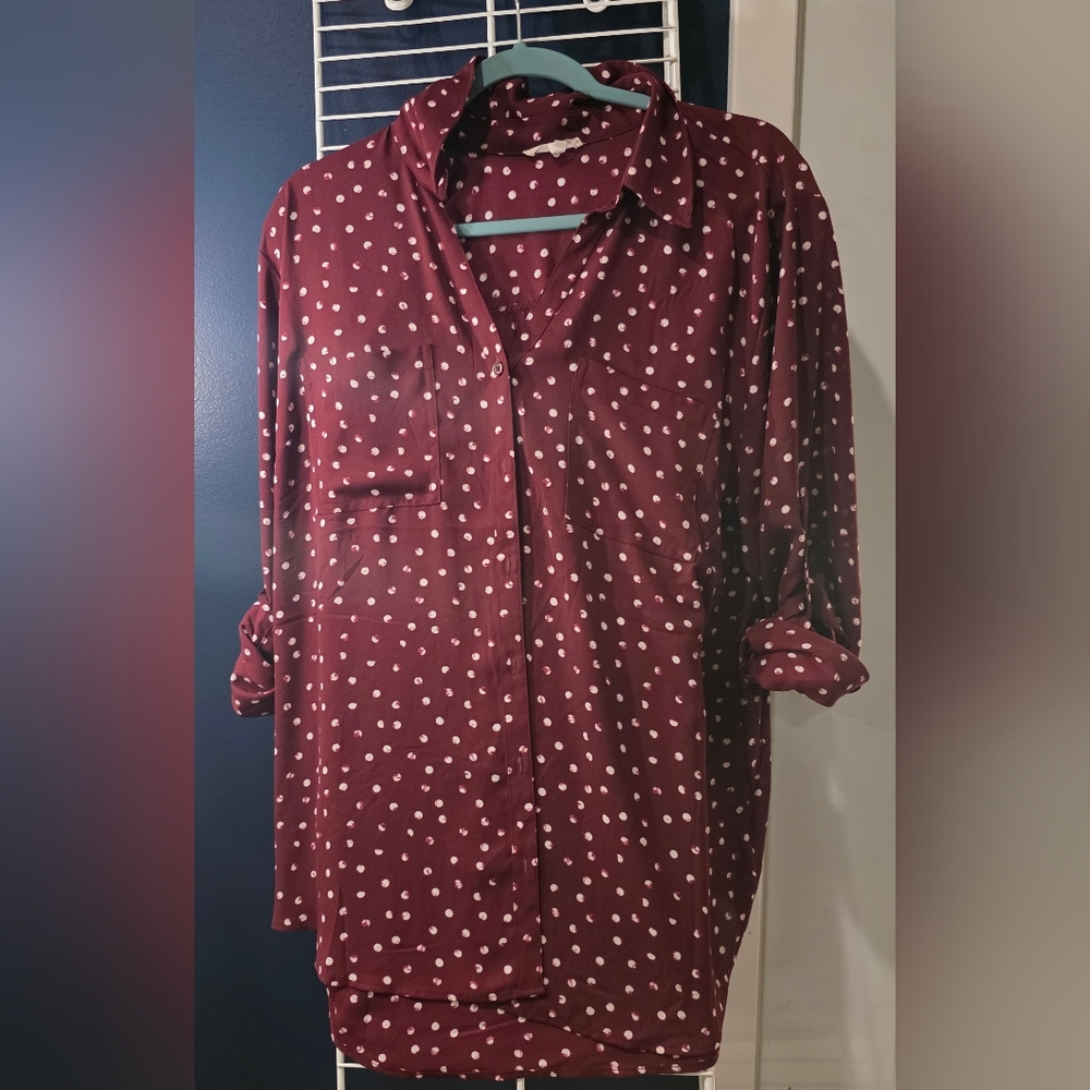 Maurices Burgundy Polka Dot Button Down Shirt